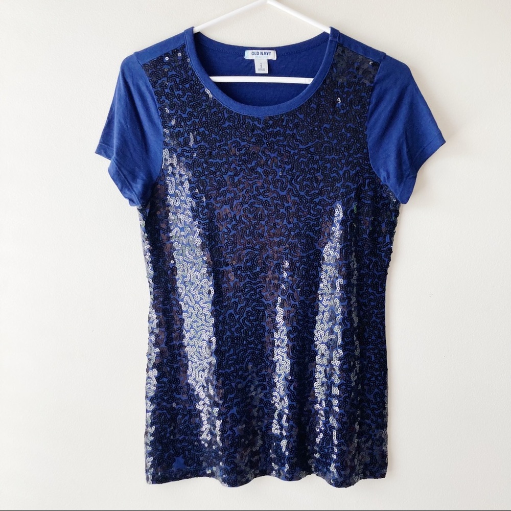 5 FOR $25 | Old Navy Short Sleeve‎ Tee T-Shirt Navy Blue Sequin Glam Glitz Small